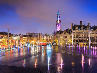A view of Bradford city centre at night