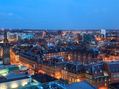 A view of the Leeds cityscape at night