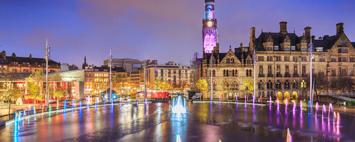 A view of Bradford city centre at night