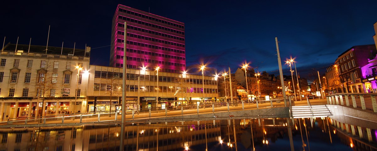 A view of Nottingham city centre at night